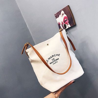 Γυναικεία μόδα σχεδιασμός Custom Logo βαμβάκι καμβά Tote τσάντα με καφέ δερμάτινες λαβές