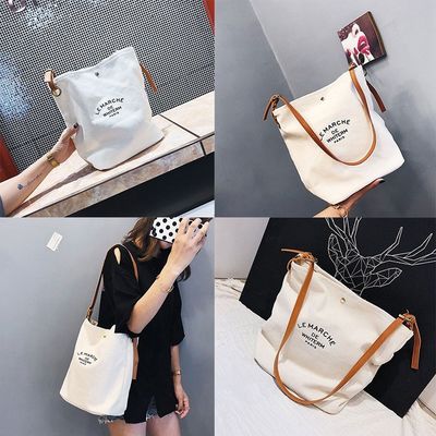 Γυναικεία μόδα σχεδιασμός Custom Logo βαμβάκι καμβά Tote τσάντα με καφέ δερμάτινες λαβές