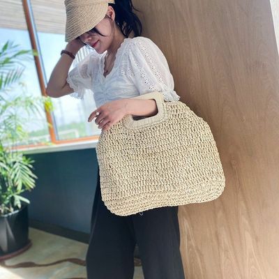 Καμία διακόσμηση Rattan Tote Bag Φορητή γυναικεία τσάντα από άχυρο για καλοκαιρινές διακοπές