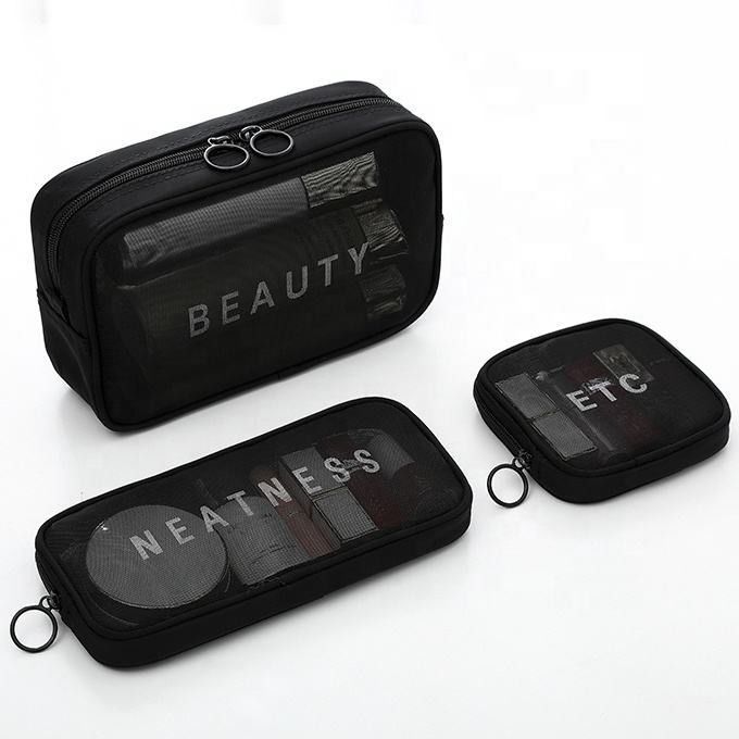 Σκληρό μοτίβο τύπου Nylon Mesh Toiletry Makeup Cosmetic Bag Set με Custom Letters Logo