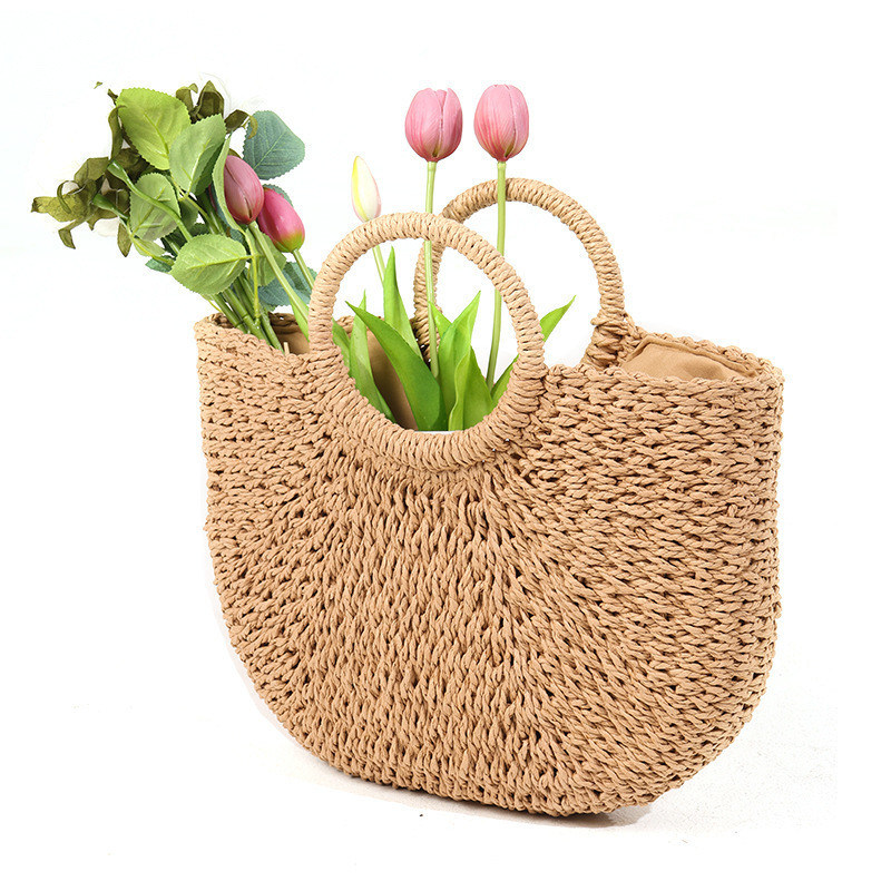 Μεσαίου μεγέθους Straw Beach Tote Bag με Bali Fashion Print και Cartoon Pattern Design
