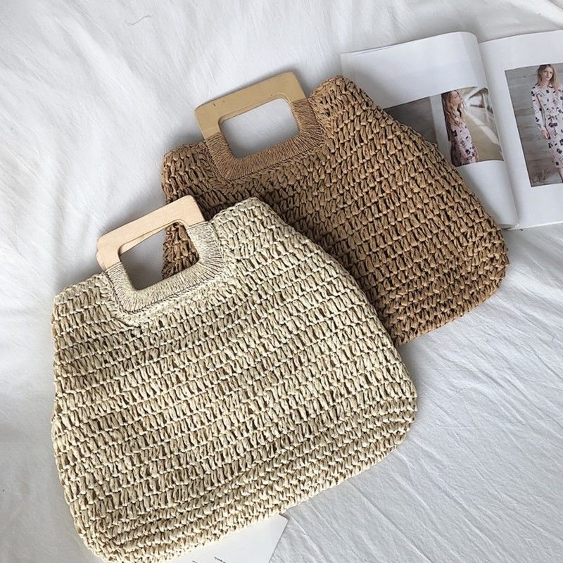 Καμία διακόσμηση Rattan Tote Bag Φορητή γυναικεία τσάντα από άχυρο για καλοκαιρινές διακοπές